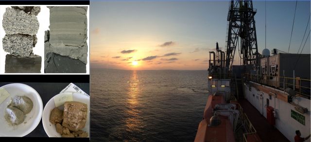图片说明：左上：不同浊积层的交界，刘志飞摄；左下：用于古生物分析的岩芯抓样浊积泥岩和红棕色泥岩，李春峰摄；右：“决心号”上看南海夕阳，Peter Clift摄